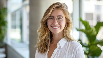 A smiling young woman in a bright, modern indoor setting.