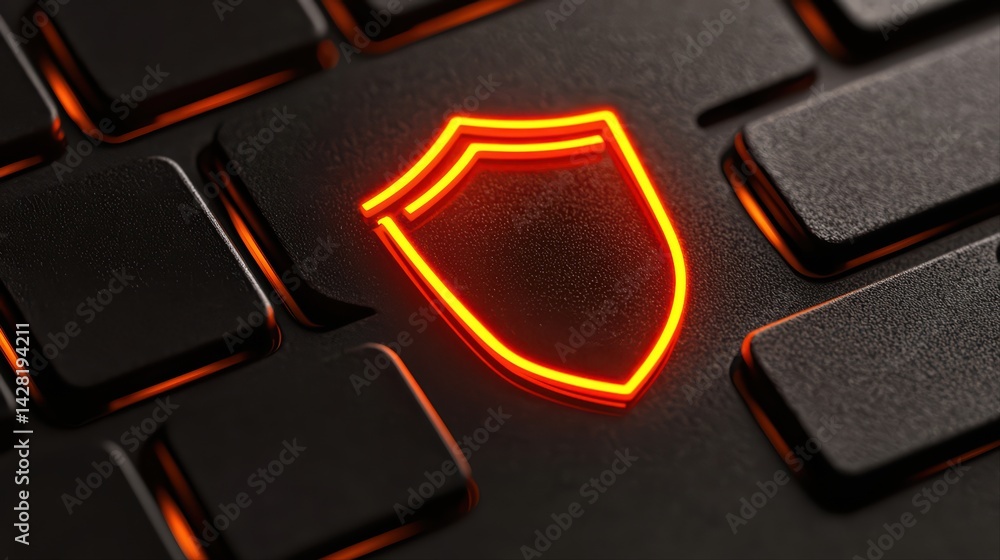 Poster red shield icon on keyboard representing cybersecurity and protection