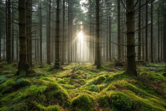 Sunbeams piercing a misty forest