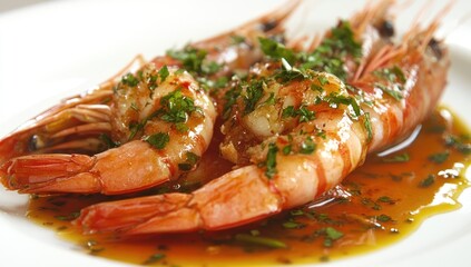 Two large shrimp with sauce and herbs on a white plate.