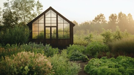 Small wooden greenhouse in the middle of a garden. the greenhouse has a triangular roof and large windows that let in natural light.