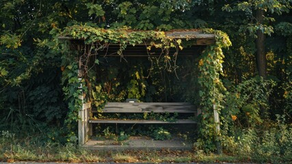An overgrown bus stop shelter surrounded by lush greenery.