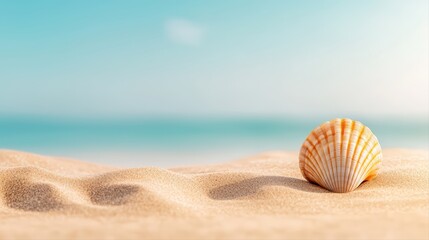 Serene Beach Scene with Shell on Soft Sand Under Blue Sky