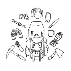 Hand drawn chalk illustration of tourist gear and hiking essentials