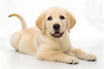 adorable yellow labrador puppy lying on white background