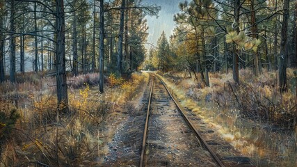 Fototapeta premium A tranquil forest scene with railroad tracks through the trees.