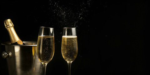 Champagne flutes toasting with sparkling spray against black background and gold bucket