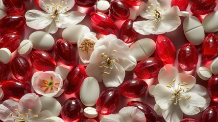 A vibrant arrangement of flowers and gel capsules.