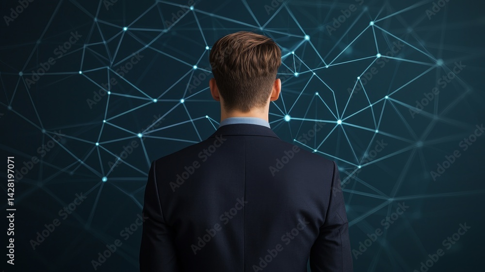 Poster businessman analyzing data network on a digital interface.