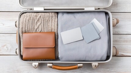 Business travel suitcase conference concept. A neatly packed suitcase featuring clothing items and travel essentials, ready for a journey or vacation.