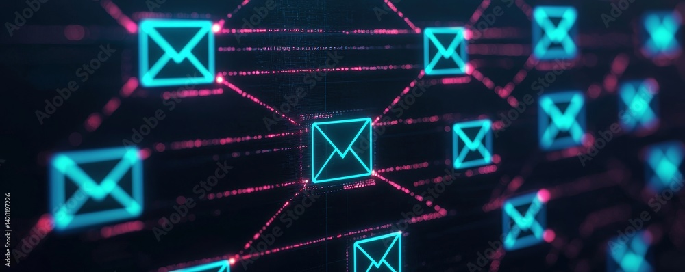 Aufkleber digital network of email icons with glowing elements and connections.