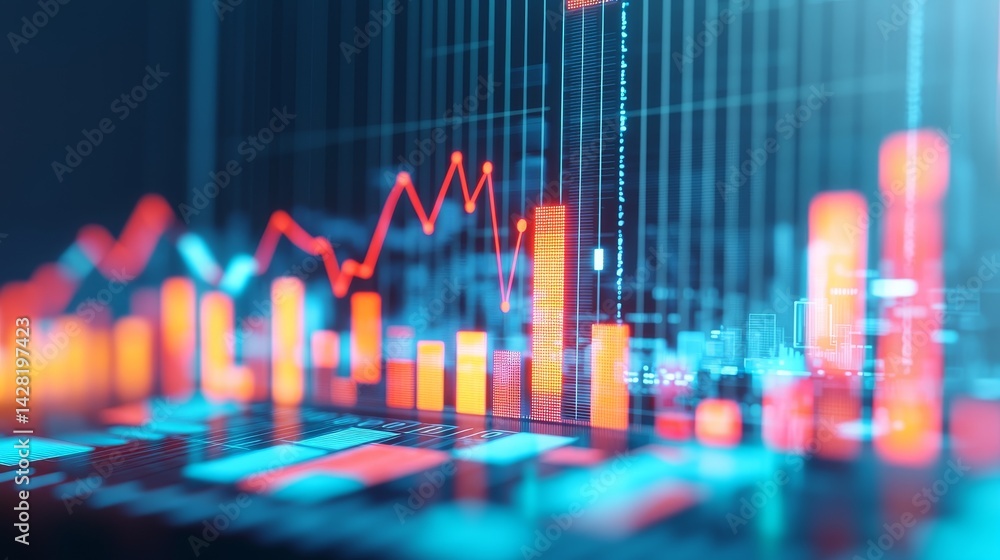 Poster abstract digital financial data visualization with graphs and bars.