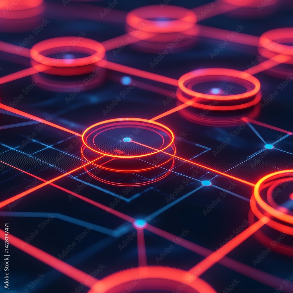 Poster abstract digital network with glowing elements and circular nodes.