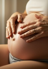 Pregnant Woman Gently Caressing Her Baby Bump