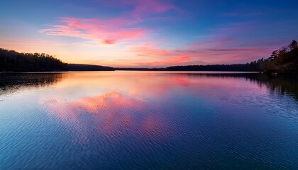 Obraz premium A pastel-colored gradient sky over a still lake, with soft ripples reflecting the hues of the sunset. 