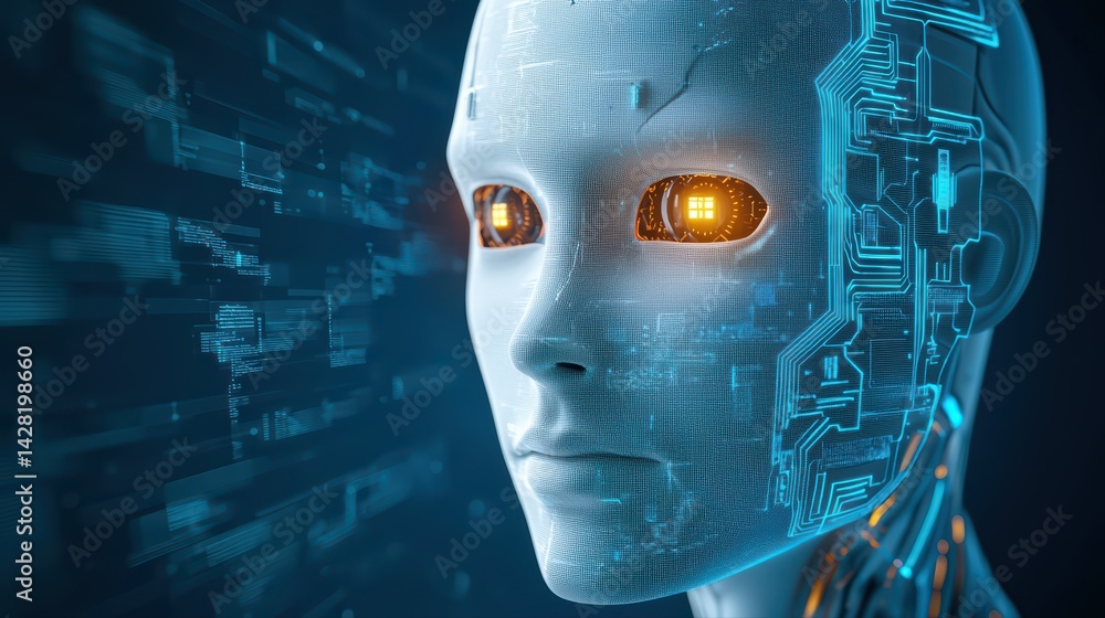 Poster futuristic robot face with glowing features and digital background
