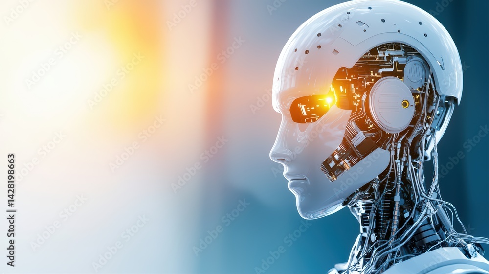 Poster futuristic robot head with soft glow and high-tech features