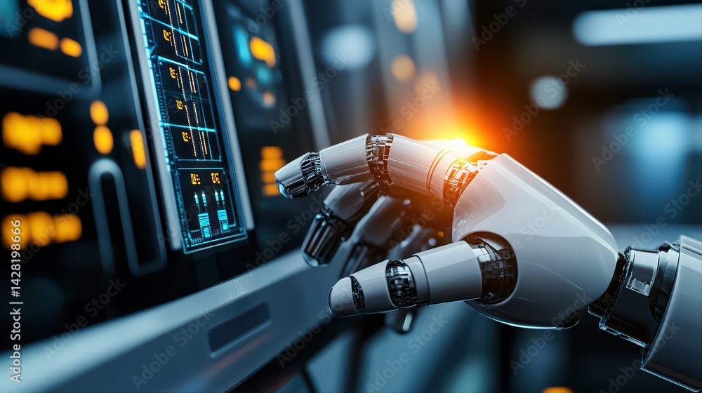 Poster robotic hand interacting with touchscreen interface in futuristic space