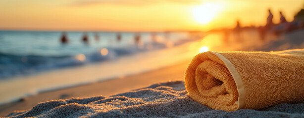 Yellow beach towel lying on pristine sand, with sunbathers blurred in sunset background creating serene coastal atmosphere