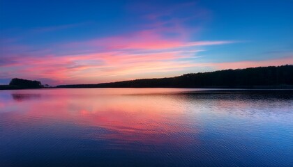 Fototapeta premium A pastel-colored gradient sky over a still lake, with soft ripples reflecting the hues of the sunset. 