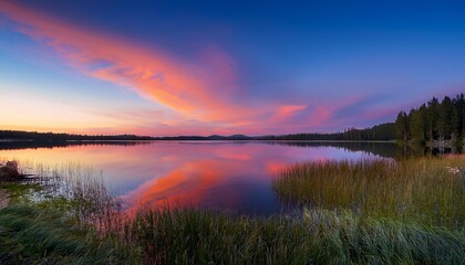 Obraz premium A pastel-colored gradient sky over a still lake, with soft ripples reflecting the hues of the sunset. 