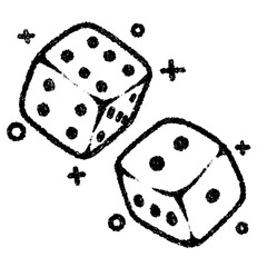 Sketch-style dice with bold black lines and whimsical accents on a clean white background
