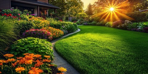 Fototapeta premium A Stunning Home Garden Featuring a Lush Green Lawn and Vibrant Flowers