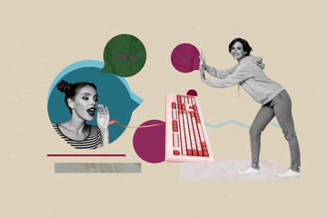 Creative full artwork collage of two happy girl guy stand keypad bubble communication icon chat...