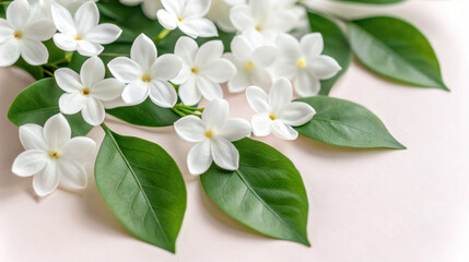 Obraz premium Beautiful white flowers with green leaves arranged elegantly on soft background, creating serene and calming atmosphere