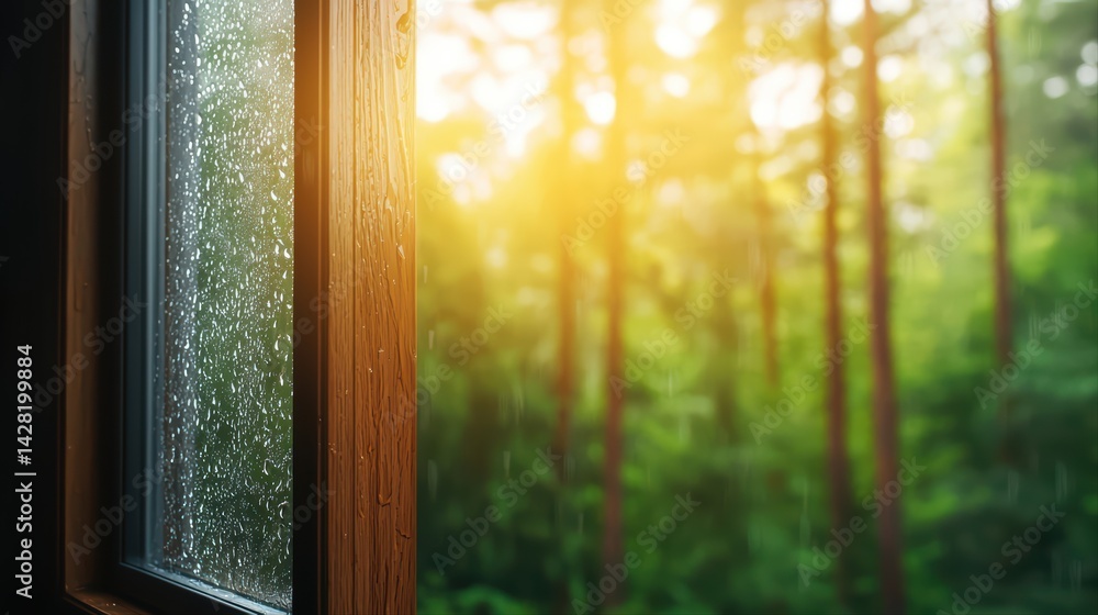 Poster raindrops on window with warm sunlight in forest setting