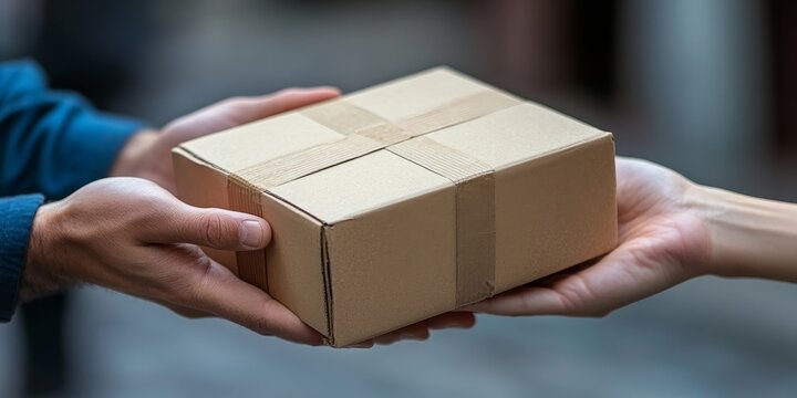 Delivery Person Hands Off Package to a Customer, Symbolizing E-commerce and Online Shopping