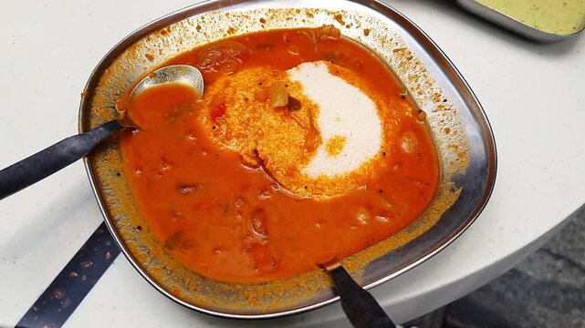 Close up of idly with spicy curry served on table.South Indian breakfast Idly with sambar