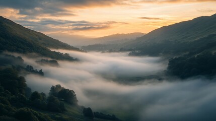 Obraz premium A serene landscape unfolds at dawn. Mist blankets the valley as golden light breaks through the clouds. Nature awakens in beauty. Generative AI