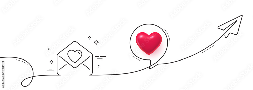 Poster love letter line icon. continuous line with share plane. heart mail sign. valentine day symbol. 3d h