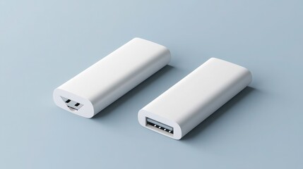 White USB drive mockup, opened and closed, in 3D rendering with a clipping path.