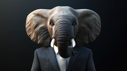 The elephant, dressed in an impeccable suit with a white shirt and an elegant tie, stands with quiet authority