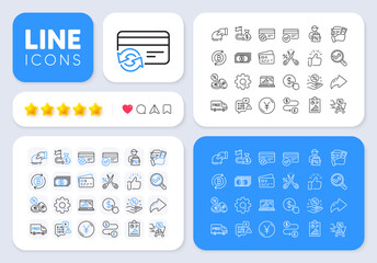 Payment methods, Cut tax and Card line icons for web app. Message, Share, Like social media icons. Pack of Graph laptop, Payment, Report pictogram icons. Vector
