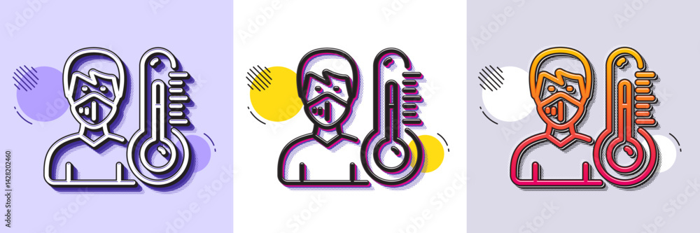 Poster thermometer line icon. halftone dotted pattern. gradient icon with grain shadow. doctor with face ma