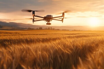 Fototapeta premium Drone over golden wheat field sunrise