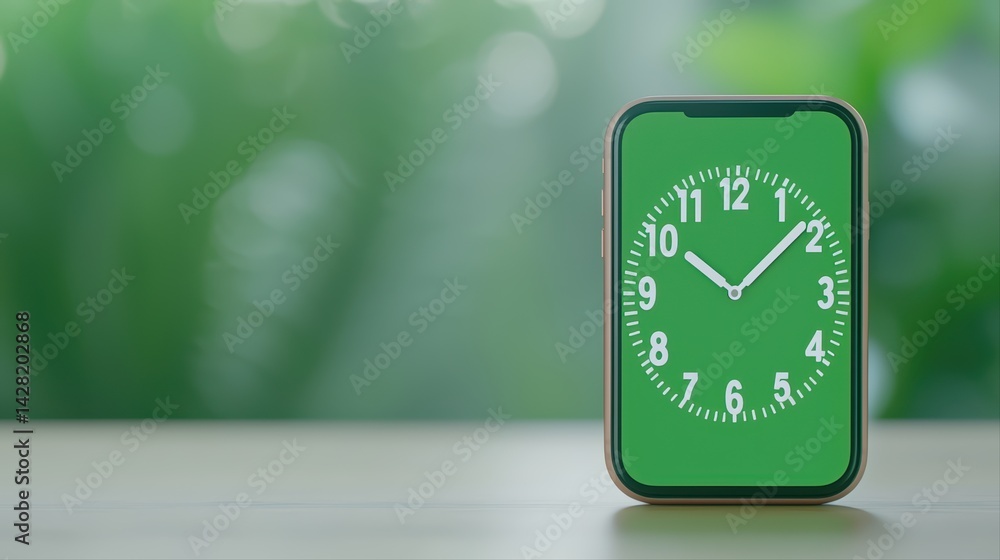 Aufkleber green background with clock display on mobile phone screen