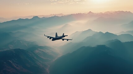 Fototapeta na wymiar A cinematic drone shot of a cargo jet crossing a mountain range.
