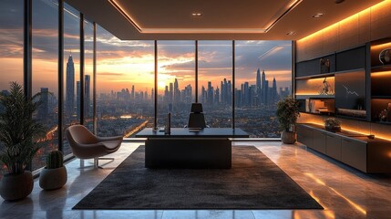 Fototapeta premium Luxury Office Interior With Large Windows Facing Cityscape at Sunset Lighting