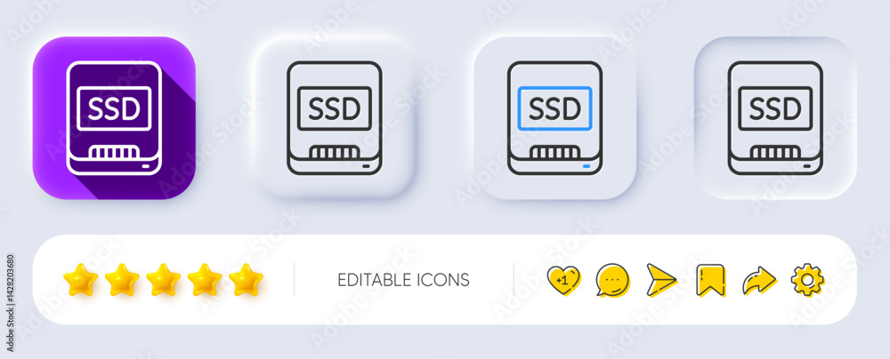 Poster ssd line icon. neumorphic, flat shadow, 3d buttons. computer memory component sign. data storage sym