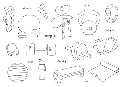 Sports and fitness equipment. Dumbbells, spander, yoga mat, fitness watches and more. Set of items for exercise. Line art, doodle style. Vector