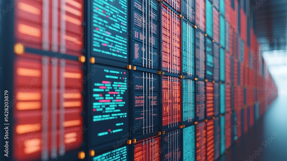 Poster futuristic data center with illuminated server panels.