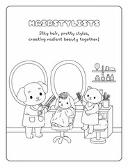 Fototapeta premium Puppies and kittens at beauty salon coloring book page