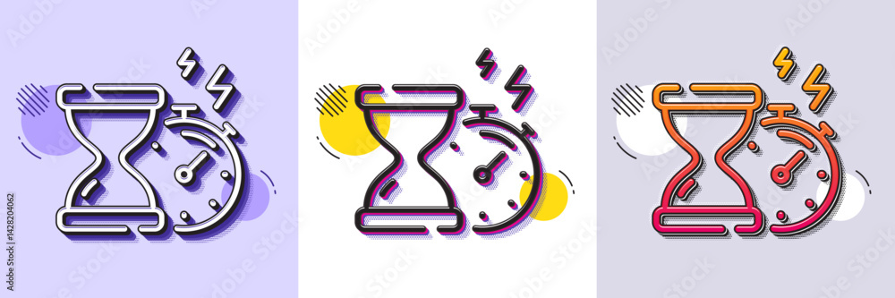 Poster hourglass timer line icon. halftone dotted pattern. gradient icon with grain shadow. stopwatch time 