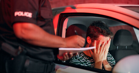 Traffic stop, man and crying in car with police, ticket and stress for drunk driving or speeding at...