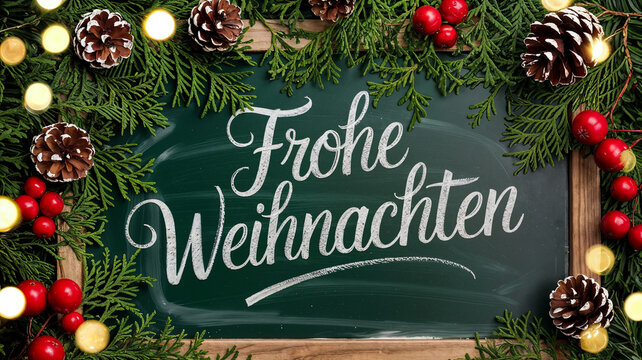 Frohe Weihnachten Schriftzug mit Zimtstangen, Tannenzweigen und Zapfen