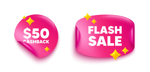 Cashback sticker tag. Flash offer paper price banner. 50 Usd cashback. Money back offer sign. Cash back promo symbol. Discount sticker with 3d glitter. Vector